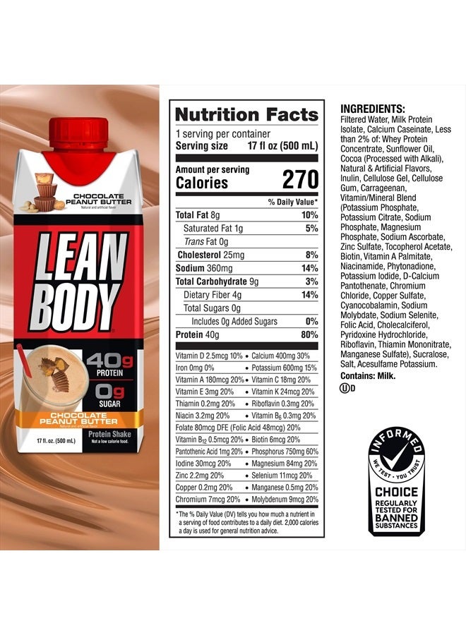 LABRADA Lean Body Ready-to-Drink Protein Shake, 40g Protein, Whey Blend, 0 Sugar, Gluten Free, 22 Vitamins & Minerals, (Recyclable Carton & Lid - Pack of 12) LABRADA (Chocolate Peanut Butter) - Image 5