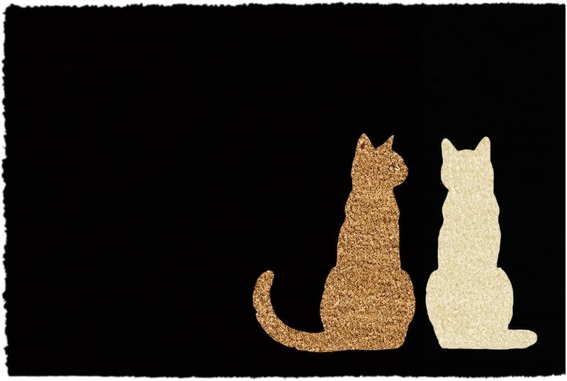 CKB Ltd Two Sitting Cats Front and Back Printed Non Slip Coir Doormat Indoor Outdoor Door Mat (Black/Bright White) - Image 1