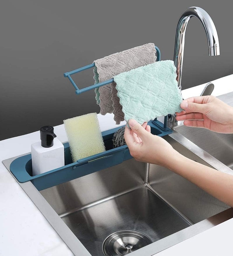 Simplyhut Drainer Sink TrayAdjustable Plastic Sink Drainer Tray with Sponge Soap Holder Expandable Kitchen Drying Basket Shelf Brush Soap Drainer Rack Space Saving Organizer RackColor May Vary - Image 1