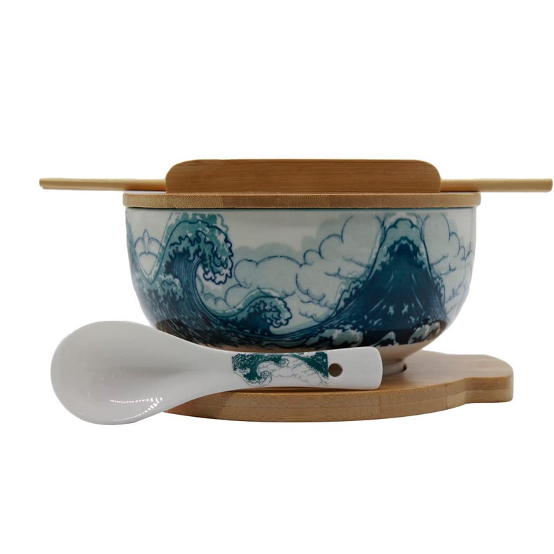 XWORLD Japanese Ceramic Ramen Noodle Bowls Set with Ceramic Spoon Bamboo Chopsticks Lid  Trivet Serving Capacity of 338 OZ Microwavable Oven Safety 33 x 66 D Blue Sea