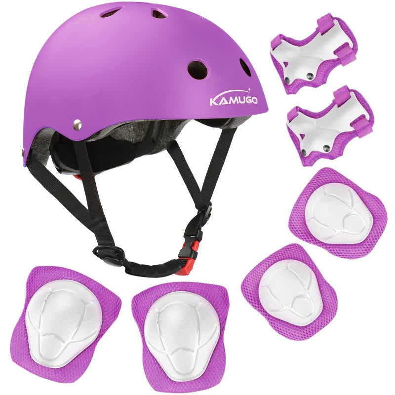 KAMUGO Kids Bike Helmet, Toddler Helmet for Ages 2-8 Boys Girls with Sports Protective Gear Set Knee Elbow Wrist Pads for Skateboard Cycling Scooter Rollerblading (Purple) - Image 1