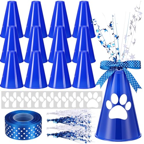 Rotatingpals 12 Pcs Blue Cheer Megaphone Bulk Plastic DIY Megaphone Party Accessory Cheerleading Centerpiece Decor for School Cheers Sports Match Game Outdoor ActivitiesPawBlue White - Image 1