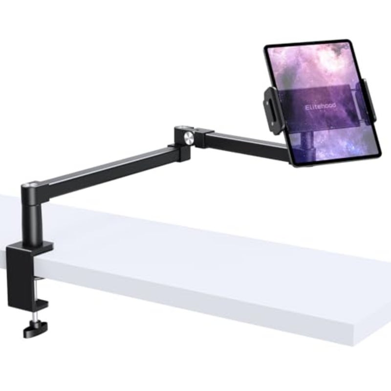 حامل مكتب iPad: حامل عالي التحمل قابل للتعديل للمكتب/السرير/الأريكة، سبائك الألومنيوم، أسود، مشبك تثبيت يدور 360 درجة لجهاز iPad Pro 12.9/Air/Mini 4.715.6 بوصة - Image 1