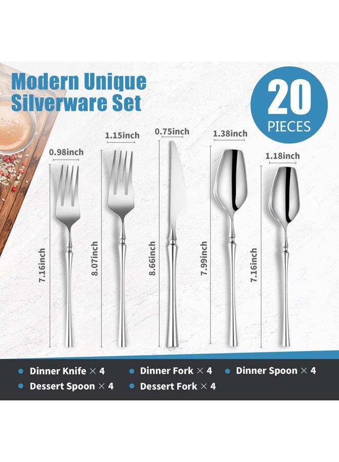 Lemeya 20-Piece Silverware Set for 4,Modern 18/10 Stainless Steel Flatware Set,Unique Rustic Cutlery Utensils Set,Spoon and Fork Set for Home, Restaurant,Wedding,Mirror Polished,Dishwasher Safe - Image 2