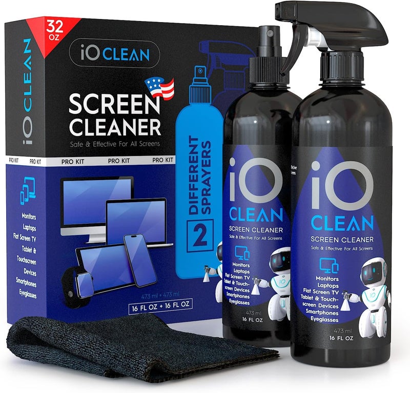 iO CLEAN Screen Cleaner Spray (16oz+16oz) – Large 32oz Kit for LCD LED Matte TVs, Smartphones, iPads, Laptops, Touchscreens, Computer Monitors, Other Electronics – 2 Microfiber Cloths and 4 Sprayers Upgraded quality - Image 1