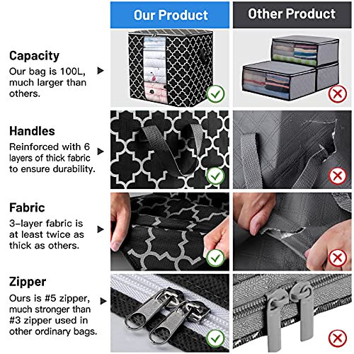 WISELIFE حقائب تخزين WISELIFE [3 عبوات/100 لتر] لتنظيم وتخزين البطانيات والملابس، حاويات قابلة للطي مع مقبض معزز، نافذة شفافة، سحابات متينة، سوداء - Image 5