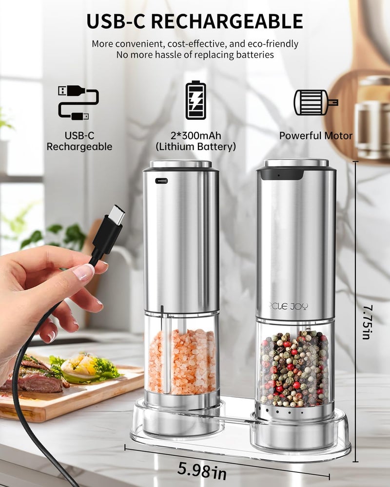 CircleJoy CIRCLE JOY Rechargeable Electric Salt and Pepper Grinder Set with Base, Stainless Steel Pepper Mills with 95ml Container, White LED Light and External Adjustable Coarseness, Silver - Image 3