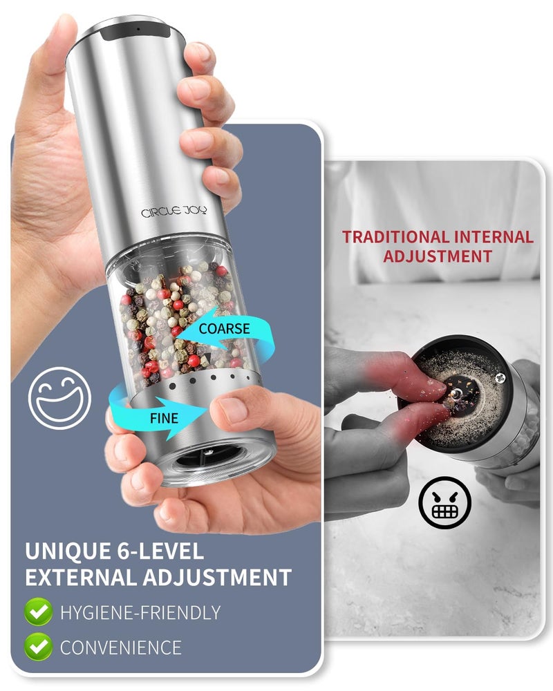 CircleJoy CIRCLE JOY Rechargeable Electric Salt and Pepper Grinder Set with Base, Stainless Steel Pepper Mills with 95ml Container, White LED Light and External Adjustable Coarseness, Silver - Image 2