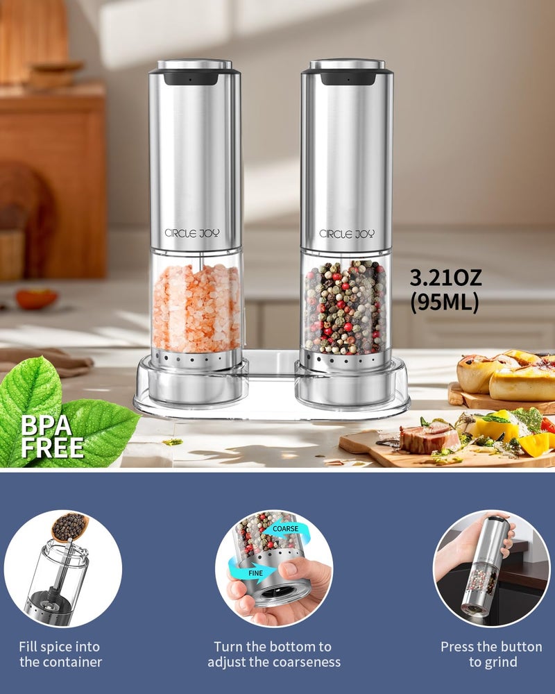 CircleJoy CIRCLE JOY Rechargeable Electric Salt and Pepper Grinder Set with Base, Stainless Steel Pepper Mills with 95ml Container, White LED Light and External Adjustable Coarseness, Silver - Image 4