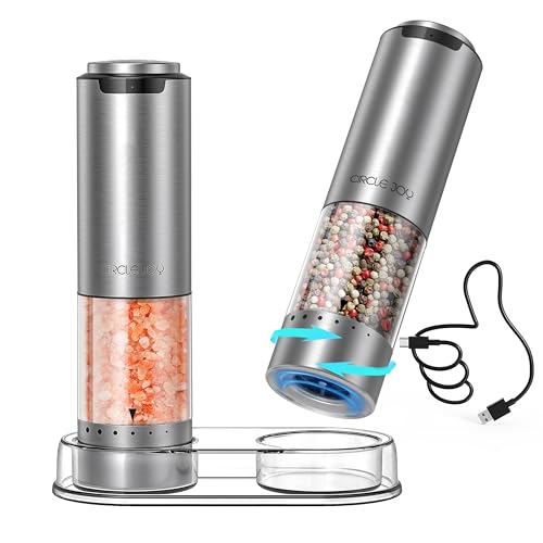 CircleJoy CIRCLE JOY Rechargeable Electric Salt and Pepper Grinder Set with Base, Stainless Steel Pepper Mills with 95ml Container, White LED Light and External Adjustable Coarseness, Silver - Image 1
