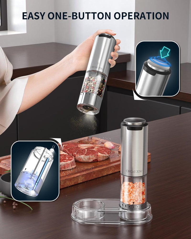 CircleJoy CIRCLE JOY Rechargeable Electric Salt and Pepper Grinder Set with Base, Stainless Steel Pepper Mills with 95ml Container, White LED Light and External Adjustable Coarseness, Silver - Image 5
