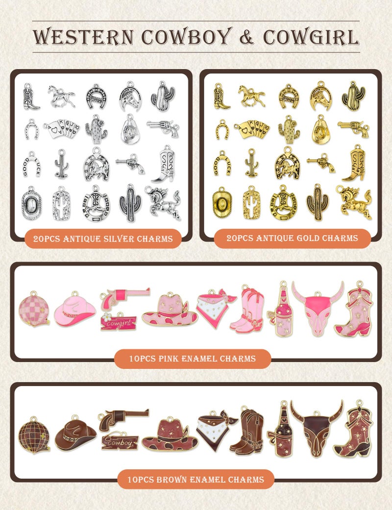 YETOOME 60pcs Western Cowboy & Cowgirl Charms for Jewelry Making, Antique Silver Gold Enamel Pendants Hat Boot Horse Cactus Trinkets for Bracelet Necklace Earrings Keychain(4 colors) - Image 3