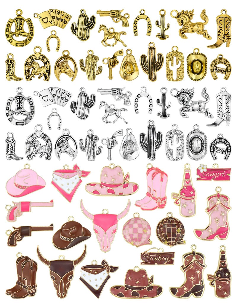 YETOOME 60pcs Western Cowboy & Cowgirl Charms for Jewelry Making, Antique Silver Gold Enamel Pendants Hat Boot Horse Cactus Trinkets for Bracelet Necklace Earrings Keychain(4 colors) - Image 1
