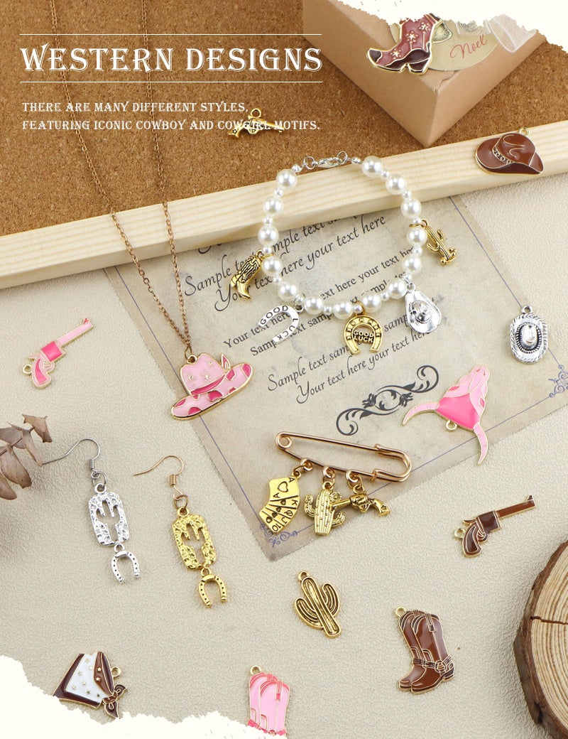 YETOOME 60pcs Western Cowboy & Cowgirl Charms for Jewelry Making, Antique Silver Gold Enamel Pendants Hat Boot Horse Cactus Trinkets for Bracelet Necklace Earrings Keychain(4 colors) - Image 5