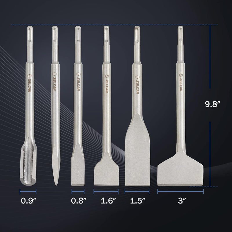 ZELCAN Chisel Set with SDS Plus Shanks, 6pc Masonry Concrete Drill Bit Set, Tile Grooving Scraping Flat Point Scaling Chisels 40Cr Steel Rotary Hammer Drill Tool Kit SDS Plus Bits for Home Improvement - Image 5