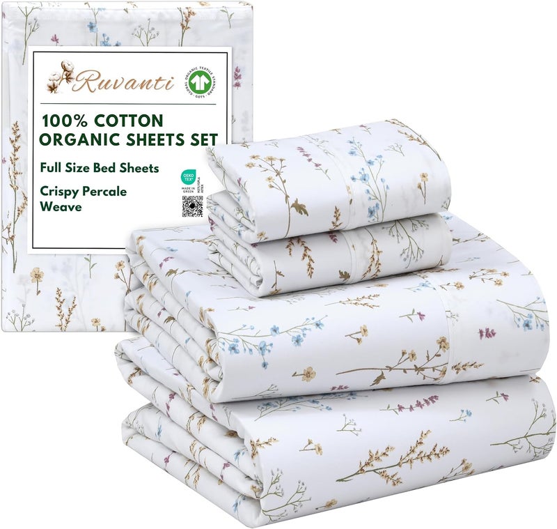 Ruvanti 100% Organic Cotton Sheets - Full Size Bed Sheet - 4 Piece Percale Weave Bedding, Crisp, Cooling & Breathable, Soft & Durable, 16" Deep Pocket, Hotel Quality Sábanas - Field Flower - Image 1