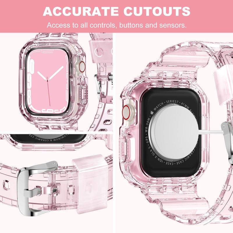XYF Compatible for Crystal Clear Apple Watch Bands, 45mm 44mm 42mm Bumper Case for Men Women Jelly Sport Cover Strap for iWatch Ultra 3 2 Series 11 10 9 8 7 SE 6 5 4 3 (ClearPink, 42/44/45) - Image 4
