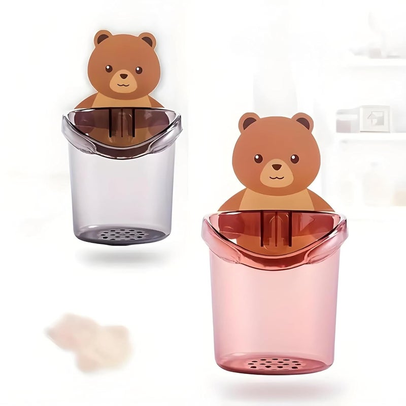 Vyomjav VYOMJAV Toothbrush Holder (Set of 3 Pcs) Plastic Stand for Toothpaste, Comb, Brush, Cream, Lotion Kids Bathroom Cup Drain Waterproof Self-Adhesive, Teddy Bear - Image 1