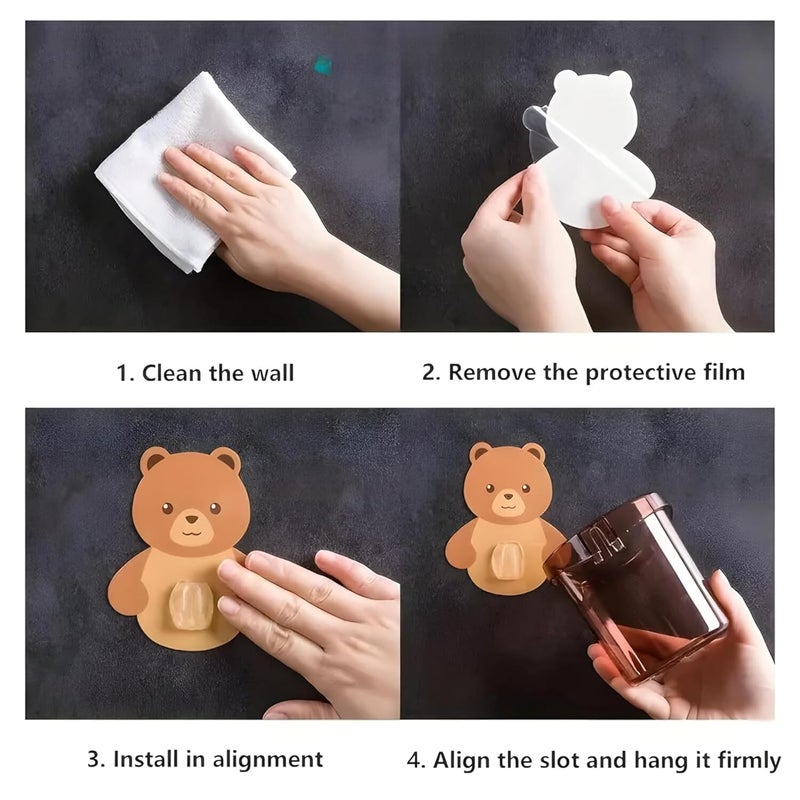 Vyomjav VYOMJAV Toothbrush Holder (Set of 3 Pcs) Plastic Stand for Toothpaste, Comb, Brush, Cream, Lotion Kids Bathroom Cup Drain Waterproof Self-Adhesive, Teddy Bear - Image 5