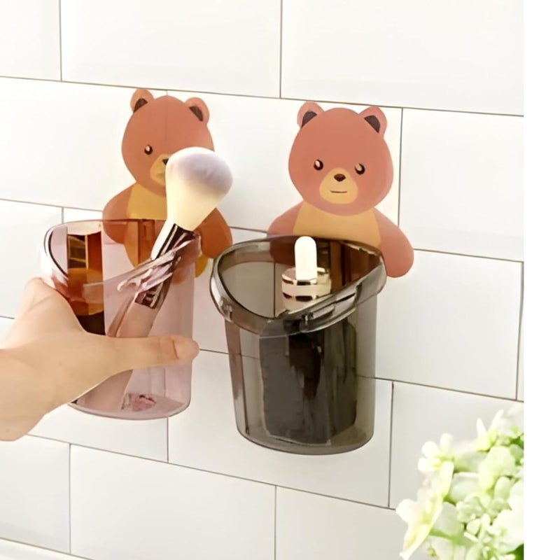 Vyomjav VYOMJAV Toothbrush Holder (Set of 3 Pcs) Plastic Stand for Toothpaste, Comb, Brush, Cream, Lotion Kids Bathroom Cup Drain Waterproof Self-Adhesive, Teddy Bear - Image 3