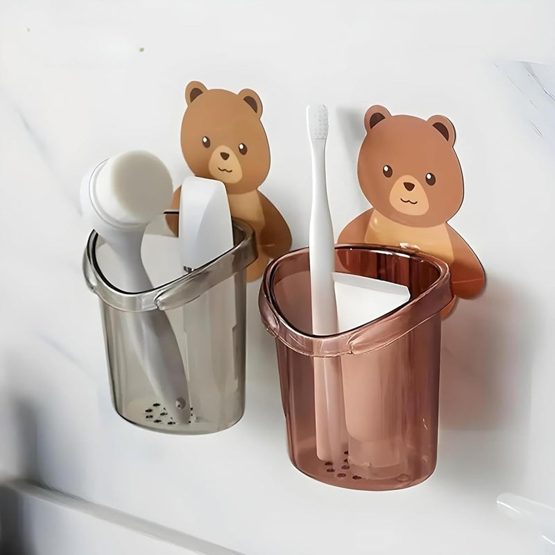 Vyomjav VYOMJAV Toothbrush Holder (Set of 3 Pcs) Plastic Stand for Toothpaste, Comb, Brush, Cream, Lotion Kids Bathroom Cup Drain Waterproof Self-Adhesive, Teddy Bear - Image 4