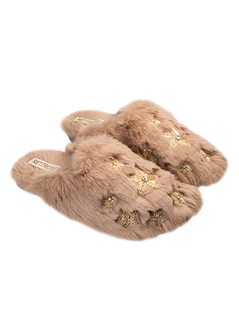 RETTROSE RETTROSE Saylor Women’s Beige Luxury Faux Fur Slippers – Handmade Plush Indoor Slides with Diamanté Star Embellishment