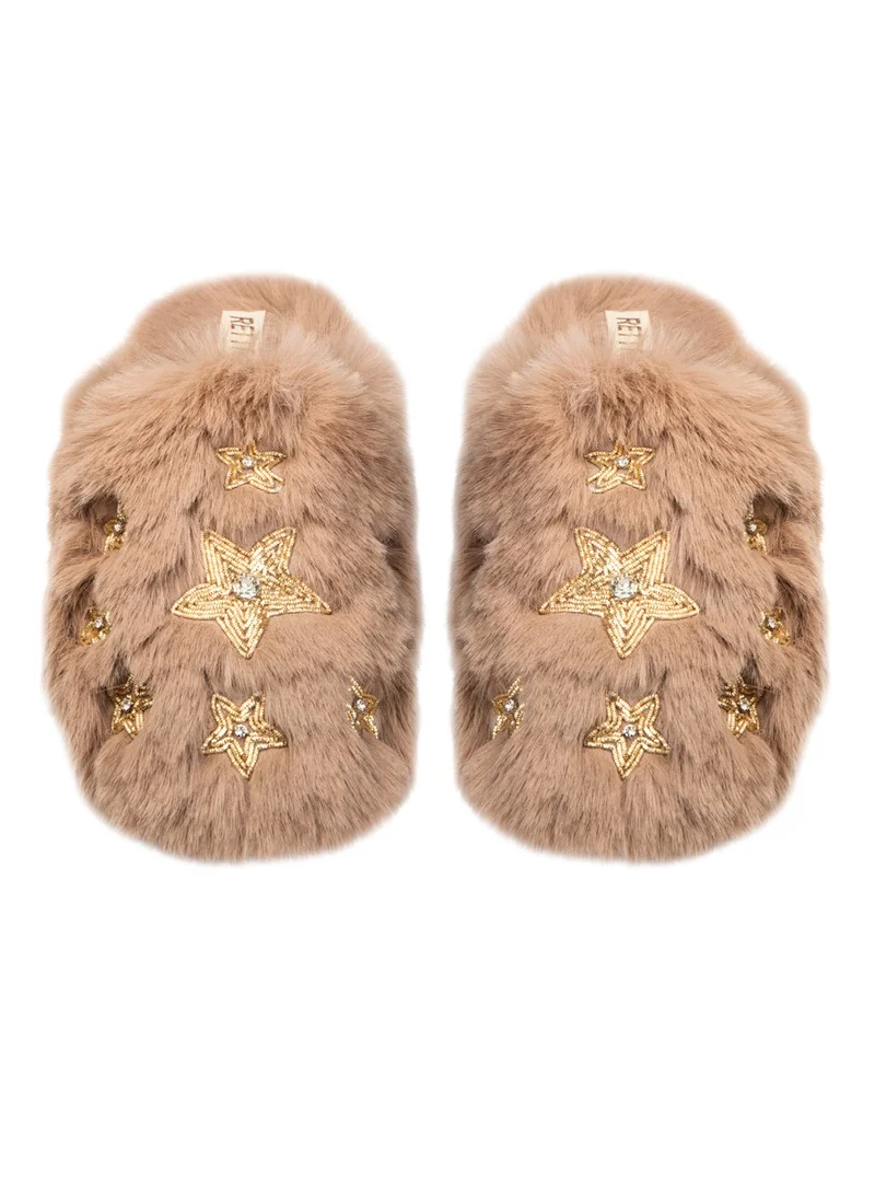 RETTROSE RETTROSE Saylor Women’s Beige Luxury Faux Fur Slippers – Handmade Plush Indoor Slides with Diamanté Star Embellishment