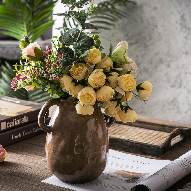 Kimdio Brown Ceramic Vase with 2 Handles, Modern Farmhouse Vases for Home Decor, Vintage Rustic Pottery Vase, Decorative Terracotta Vases, Clay Jug for Living Room Dining Table Shelf - Image 2