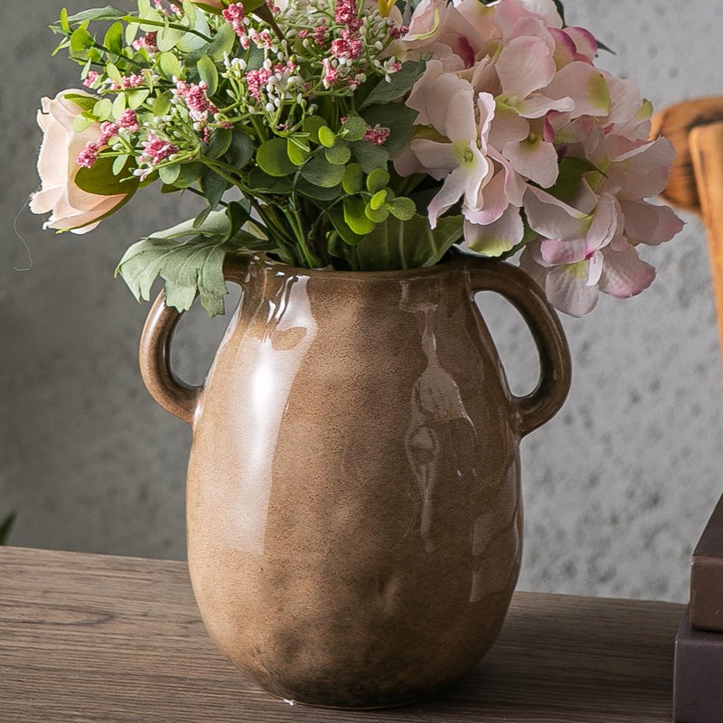Kimdio Brown Ceramic Vase with 2 Handles, Modern Farmhouse Vases for Home Decor, Vintage Rustic Pottery Vase, Decorative Terracotta Vases, Clay Jug for Living Room Dining Table Shelf - Image 1