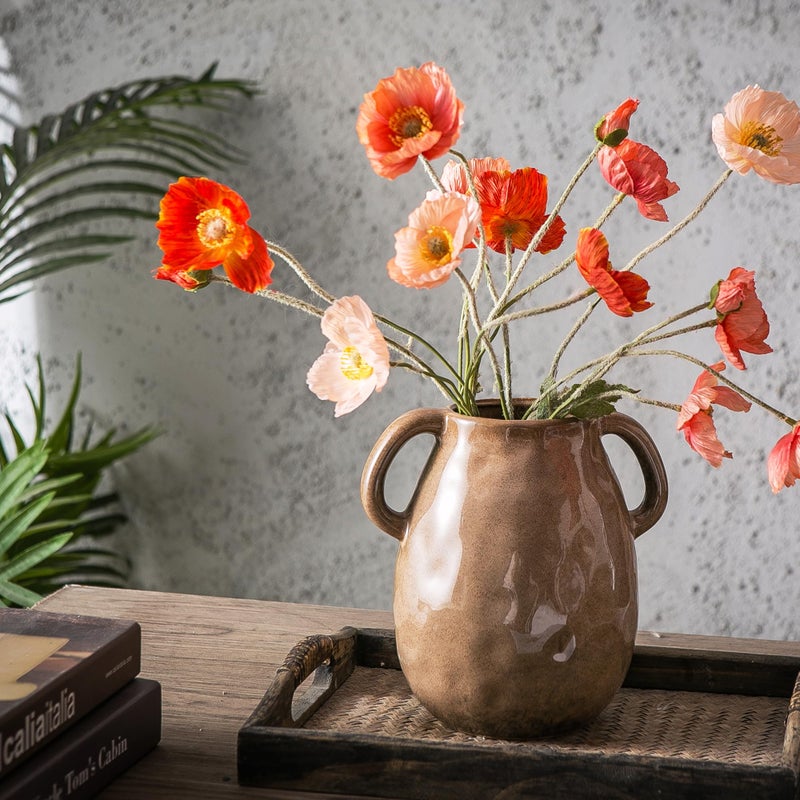 Kimdio Brown Ceramic Vase with 2 Handles, Modern Farmhouse Vases for Home Decor, Vintage Rustic Pottery Vase, Decorative Terracotta Vases, Clay Jug for Living Room Dining Table Shelf - Image 3