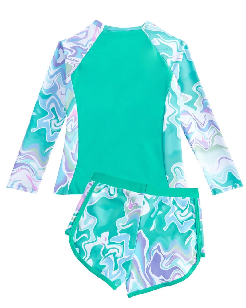 DivingBirds Girls Rash Guard Swimsuit 2 Piece Set for Girls 9-10Years, Long Sleeve Swimwear with Zipper Green - Image 5