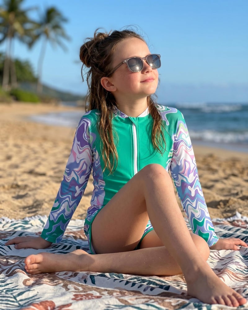 DivingBirds Girls Rash Guard Swimsuit 2 Piece Set for Girls 9-10Years, Long Sleeve Swimwear with Zipper Green - Image 3