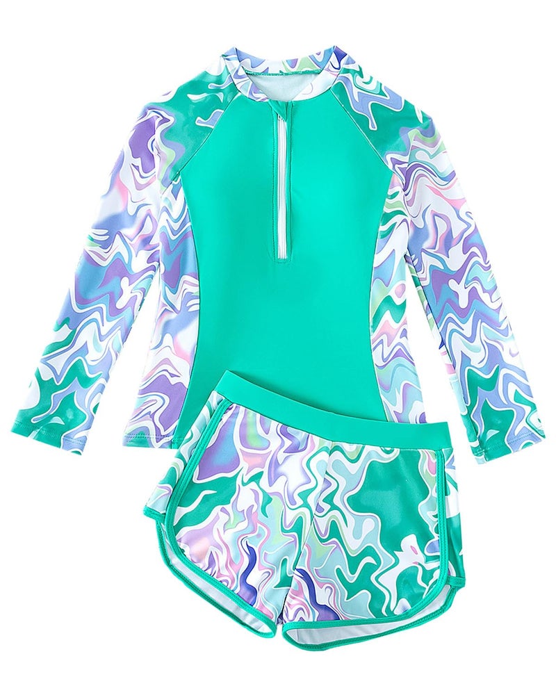 DivingBirds Girls Rash Guard Swimsuit 2 Piece Set for Girls 9-10Years, Long Sleeve Swimwear with Zipper Green - Image 4