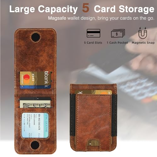LOHASIC Designed for MagSafe Wallet, Magnetic Wallet 5 Card Holder with Stand, Classic Vegan PU Leather Mens Magnetic Phone Wallet for iPhone 16/15 /14/13/12 Series 6.1 6.7 6.9", Not for Mini - Brown - Image 2