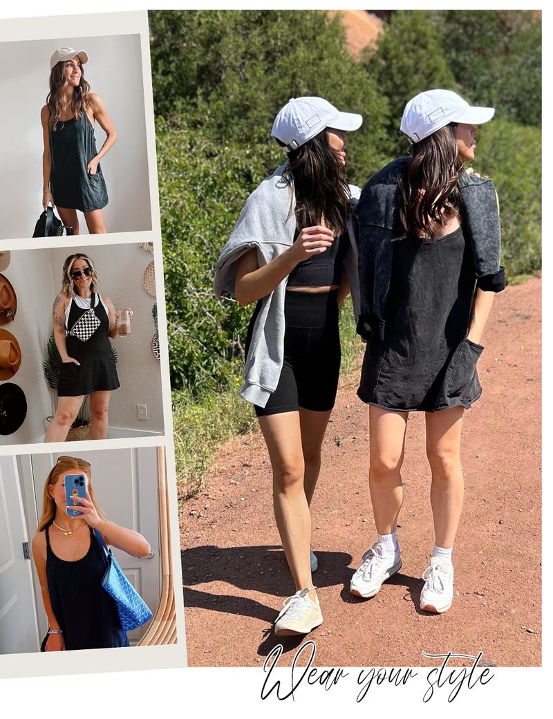 Lentta Womens Athletic Sleeveless Mini Dress with Built-in Shorts V Neck Spaghetti Strap Sundress(Black-L) - Image 5
