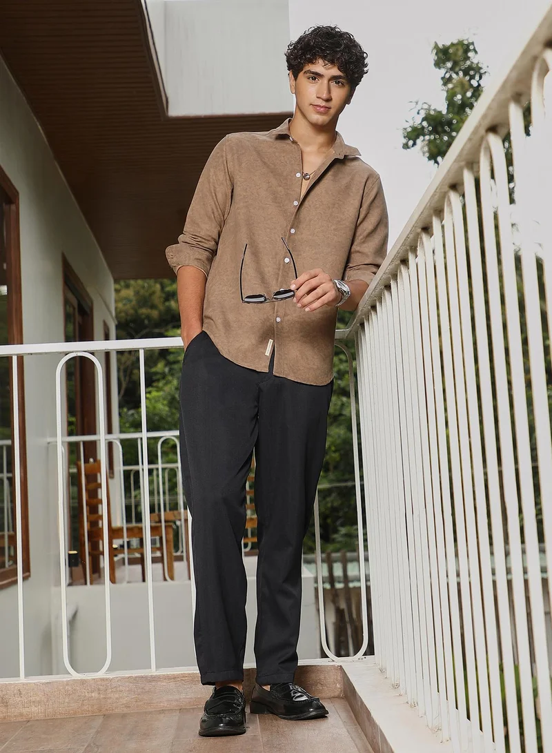 Campus Sutra Campus Sutra Men Mono-Fluid Imprint Shirt | Spread Collar Long Cuffed Sleeves | Button Closure Curved Hem | Abstract-Print Plain | Woven Fabric For Casual & Daily Wear | Ash Brown