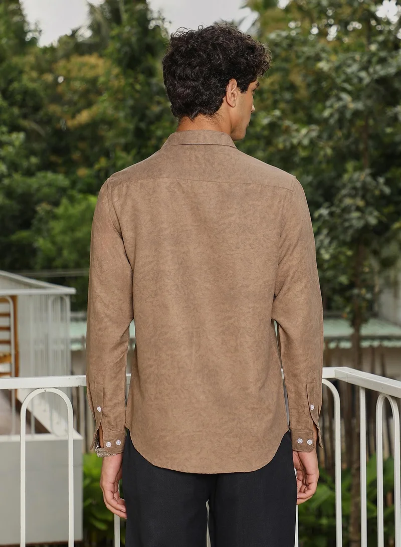 Campus Sutra Campus Sutra Men Mono-Fluid Imprint Shirt | Spread Collar Long Cuffed Sleeves | Button Closure Curved Hem | Abstract-Print Plain | Woven Fabric For Casual & Daily Wear | Ash Brown