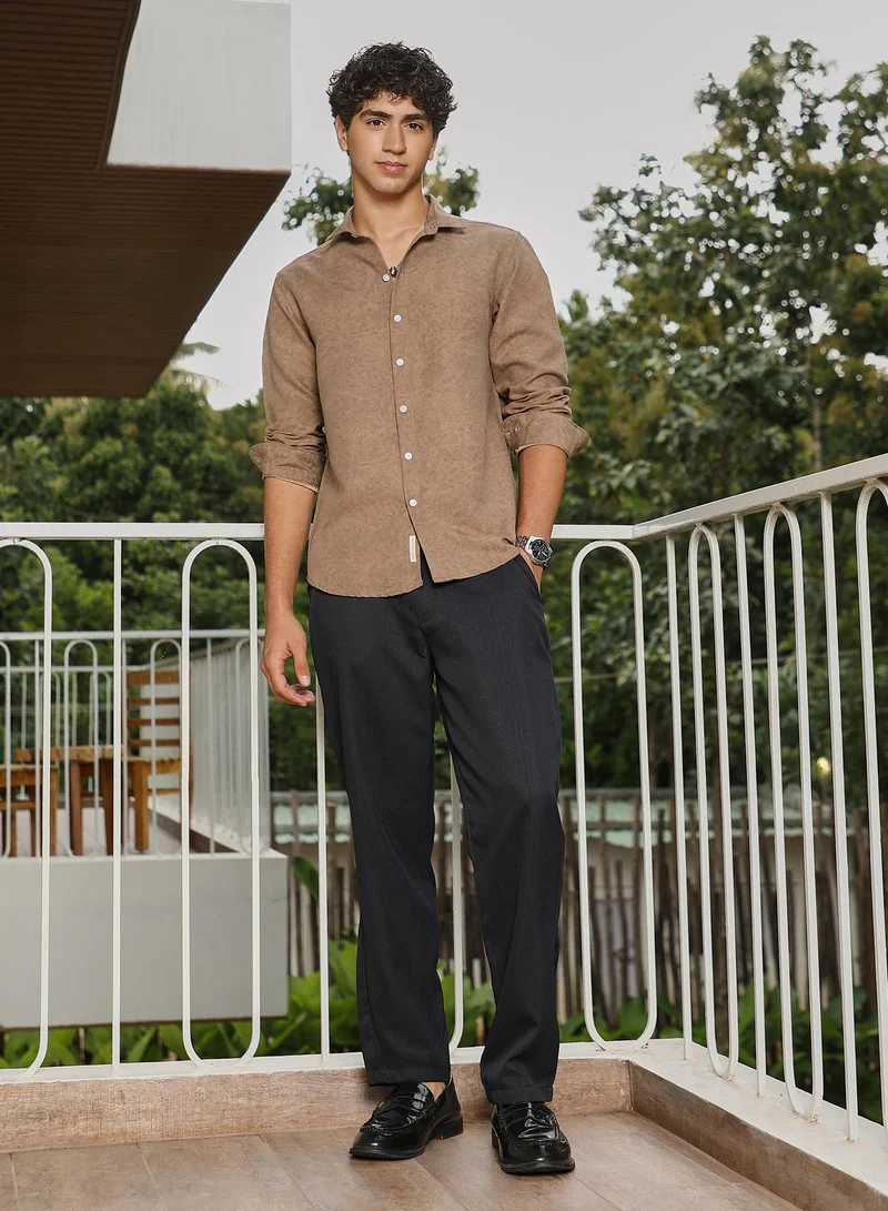 Campus Sutra Campus Sutra Men Mono-Fluid Imprint Shirt | Spread Collar Long Cuffed Sleeves | Button Closure Curved Hem | Abstract-Print Plain | Woven Fabric For Casual & Daily Wear | Ash Brown