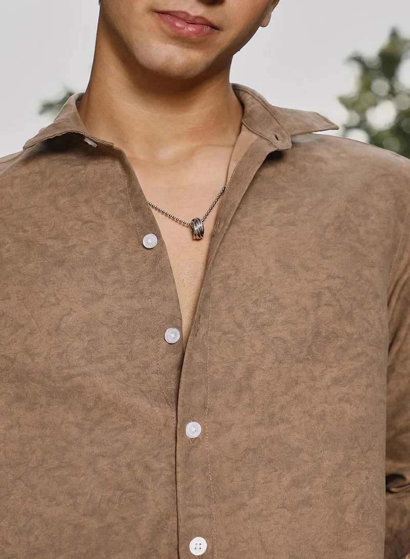 Campus Sutra Campus Sutra Men Mono-Fluid Imprint Shirt | Spread Collar Long Cuffed Sleeves | Button Closure Curved Hem | Abstract-Print Plain | Woven Fabric For Casual & Daily Wear | Ash Brown