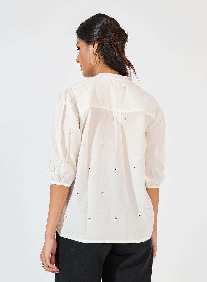 Styli Schiffli Embroidered Top with Cuffed Sleeves  - Image 4