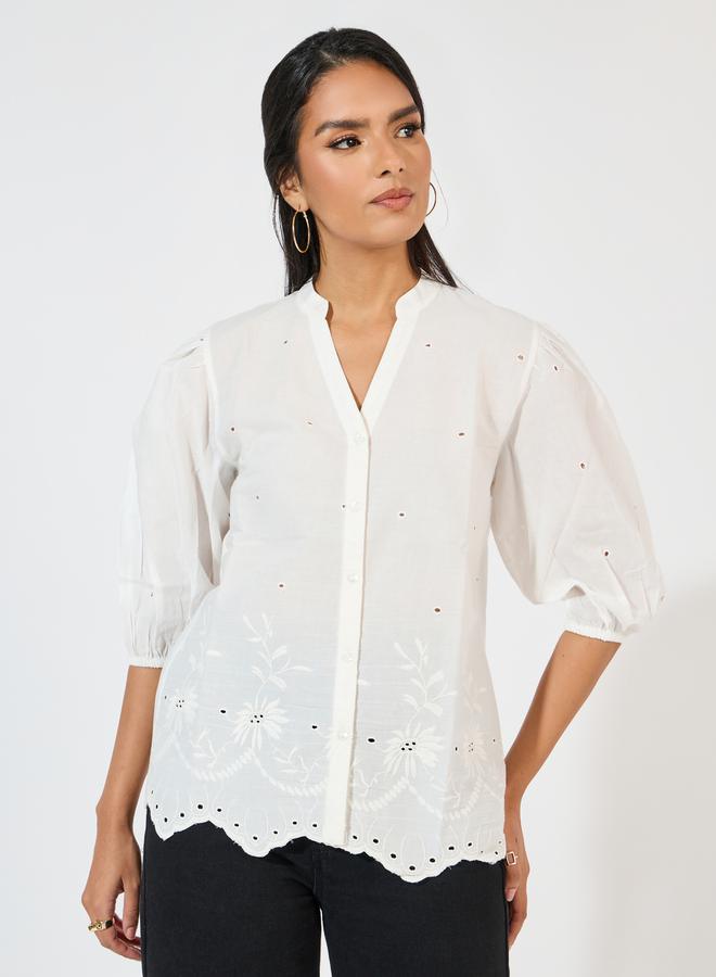Styli Schiffli Embroidered Top with Cuffed Sleeves  - Image 1