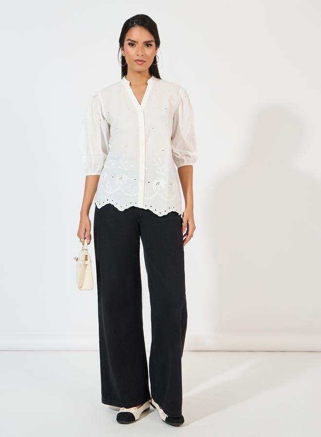 Styli Schiffli Embroidered Top with Cuffed Sleeves  - Image 2