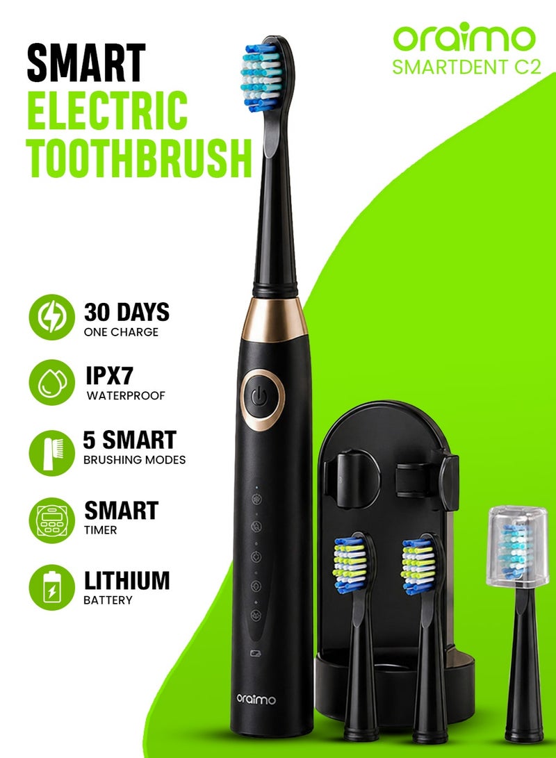 أورايمو Oraimo Electric Toothbrush For Adults, Rechargeable Sonic Toothbrushes With 4 Toothbrush Heads, Power Toothbrush Holder, 3 Modes With Smart Timer, Fast Charge For 30 Days Use, Black - Image 1