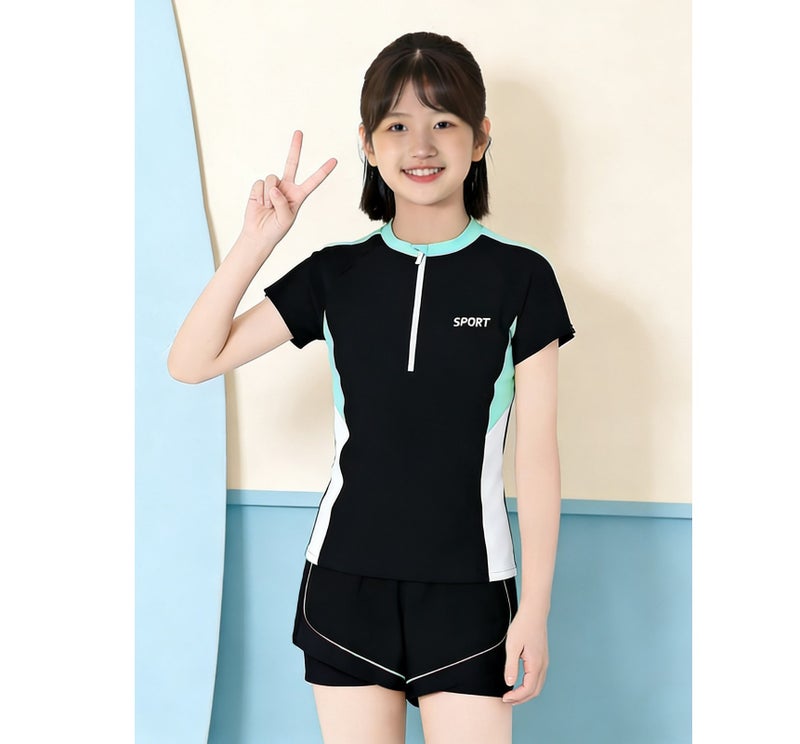 JAYATO Girls Modest Two-Piece Swimsuit, High Stretch Breathable Swimming Training Swimwear with Chest Pads, Green, XL, Fits 70-80 lbs - Image 2