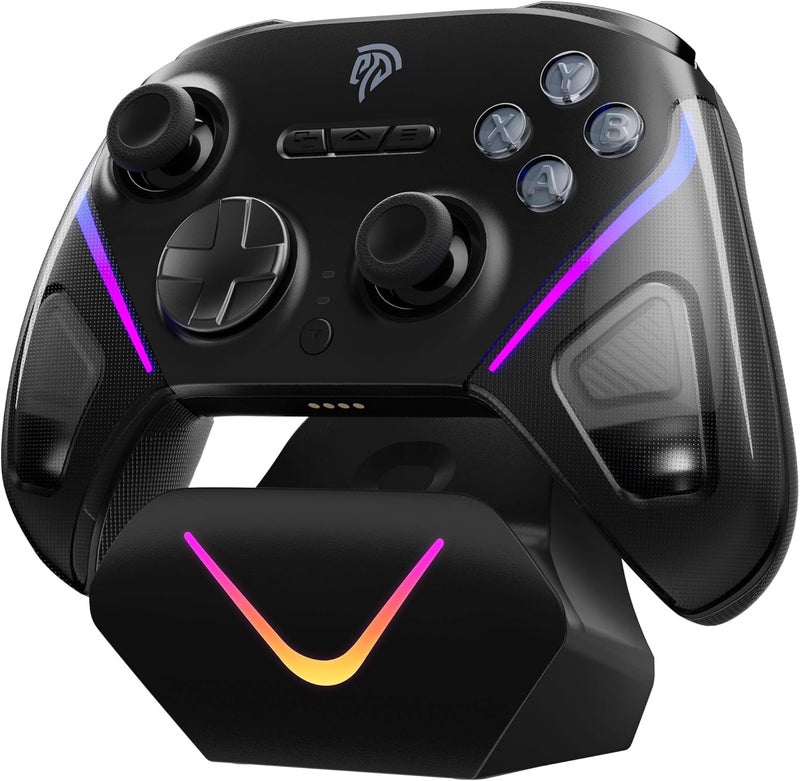 إيزي إس إم إكس وحدة تحكم لعب ألعاب لاسلكية D10 – جهاز تحكم بلوتوث مزود بعجلات تحكم من نوع TMR، ومفاتيح ميكانيكية، وإمكانية تشغيل في وضعين مختلفين، ومعدل استطلاع بيانات 1000 هرتز، وإضاءة RGB – مناسبة لأجهزة الكمبيوتر، والسويتش، وأندرويد، وآيوس – مع قاعدة شحن. - Image 1