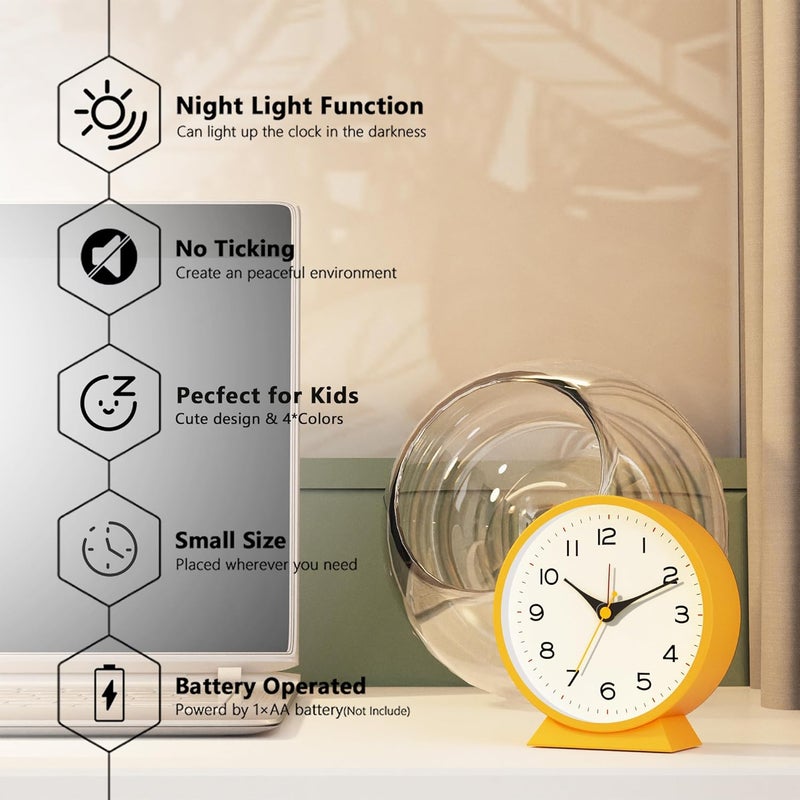 AYRELY ® 4.5" Analog Alarm Clock,Small Retro Desk Clock Battery Operated,Slient Metal Table Clock with Light for Living Room Decor,Bedroom,Bedside,Shelf (Orange-Yellow) - Image 2