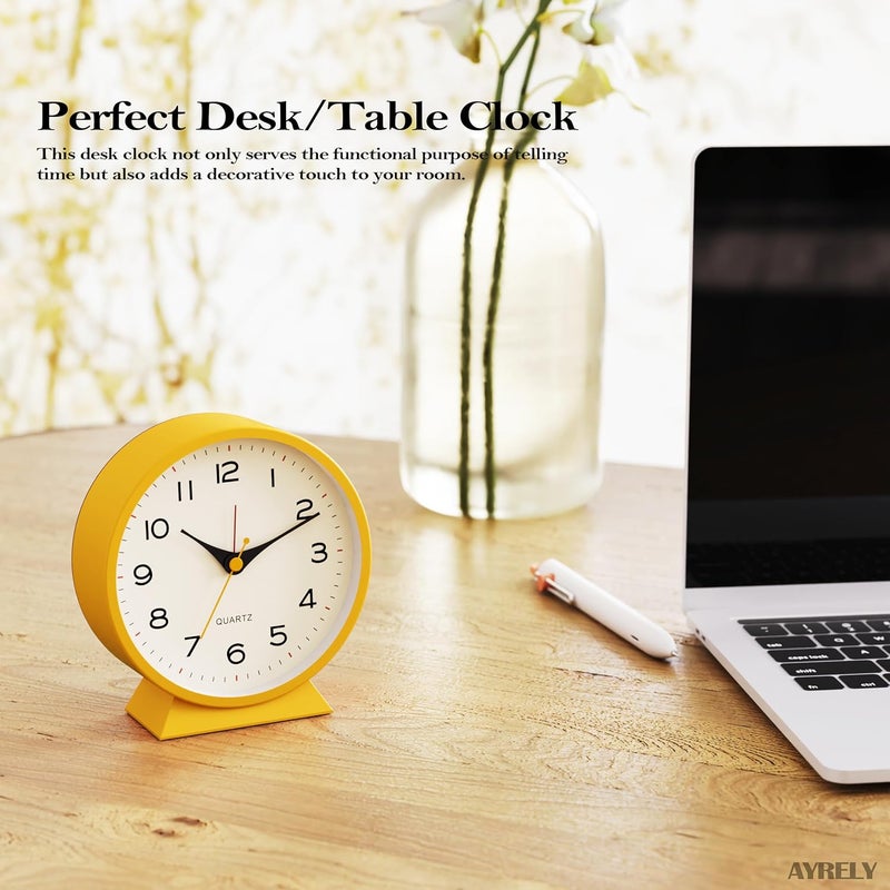 AYRELY ® 4.5" Analog Alarm Clock,Small Retro Desk Clock Battery Operated,Slient Metal Table Clock with Light for Living Room Decor,Bedroom,Bedside,Shelf (Orange-Yellow) - Image 3