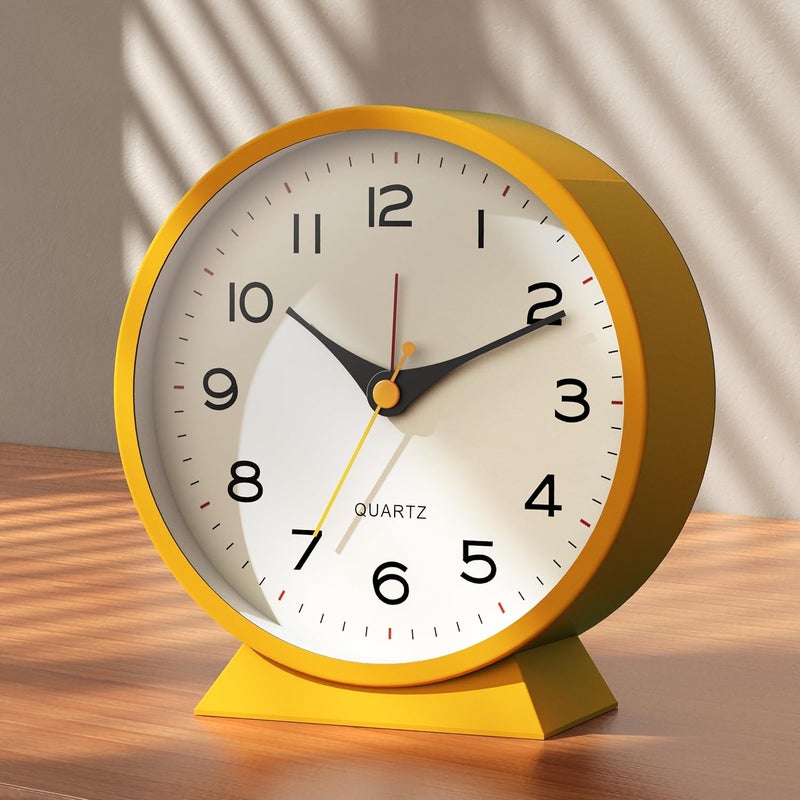 AYRELY ® 4.5" Analog Alarm Clock,Small Retro Desk Clock Battery Operated,Slient Metal Table Clock with Light for Living Room Decor,Bedroom,Bedside,Shelf (Orange-Yellow) - Image 1