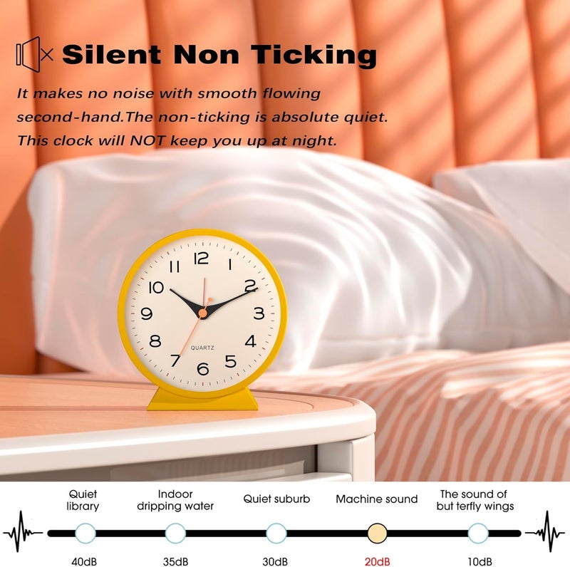 AYRELY ® 4.5" Analog Alarm Clock,Small Retro Desk Clock Battery Operated,Slient Metal Table Clock with Light for Living Room Decor,Bedroom,Bedside,Shelf (Orange-Yellow) - Image 5