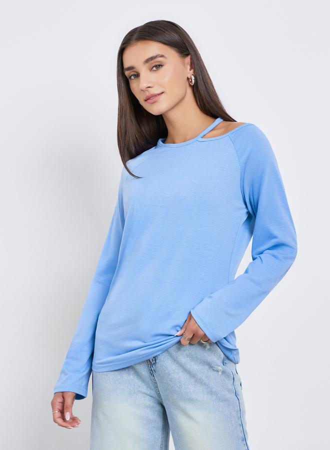 Styli Blue Long Sleeve Cutout Shoulder T-Shirt - Image 3